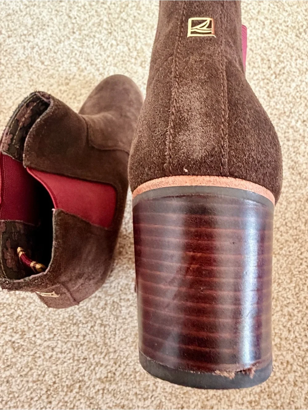 Sperry Brown Suede Chelsea Ankle Boots with Wine Elastic Panels